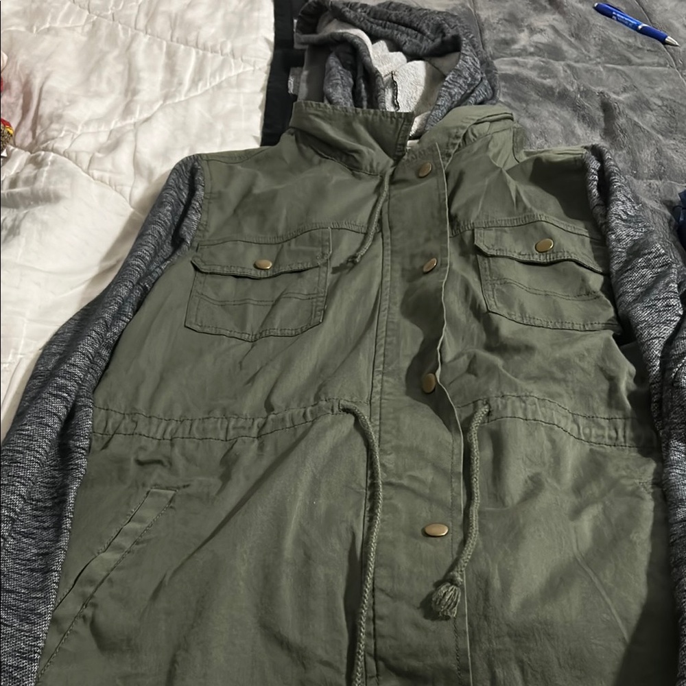 Mudd Olive Green and Gray Hooded Jacket